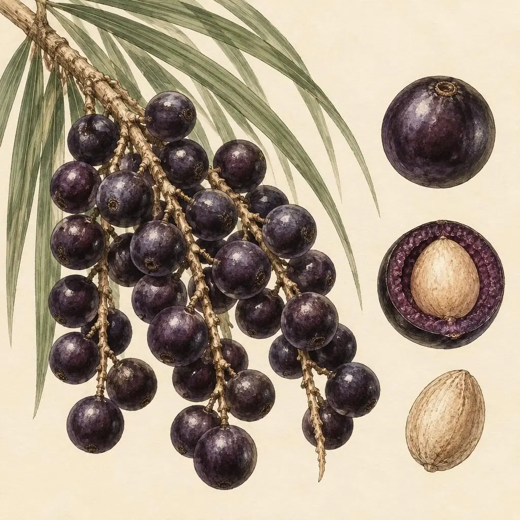 Botanical study of açaí berries with one cut open to show the pulp and seed