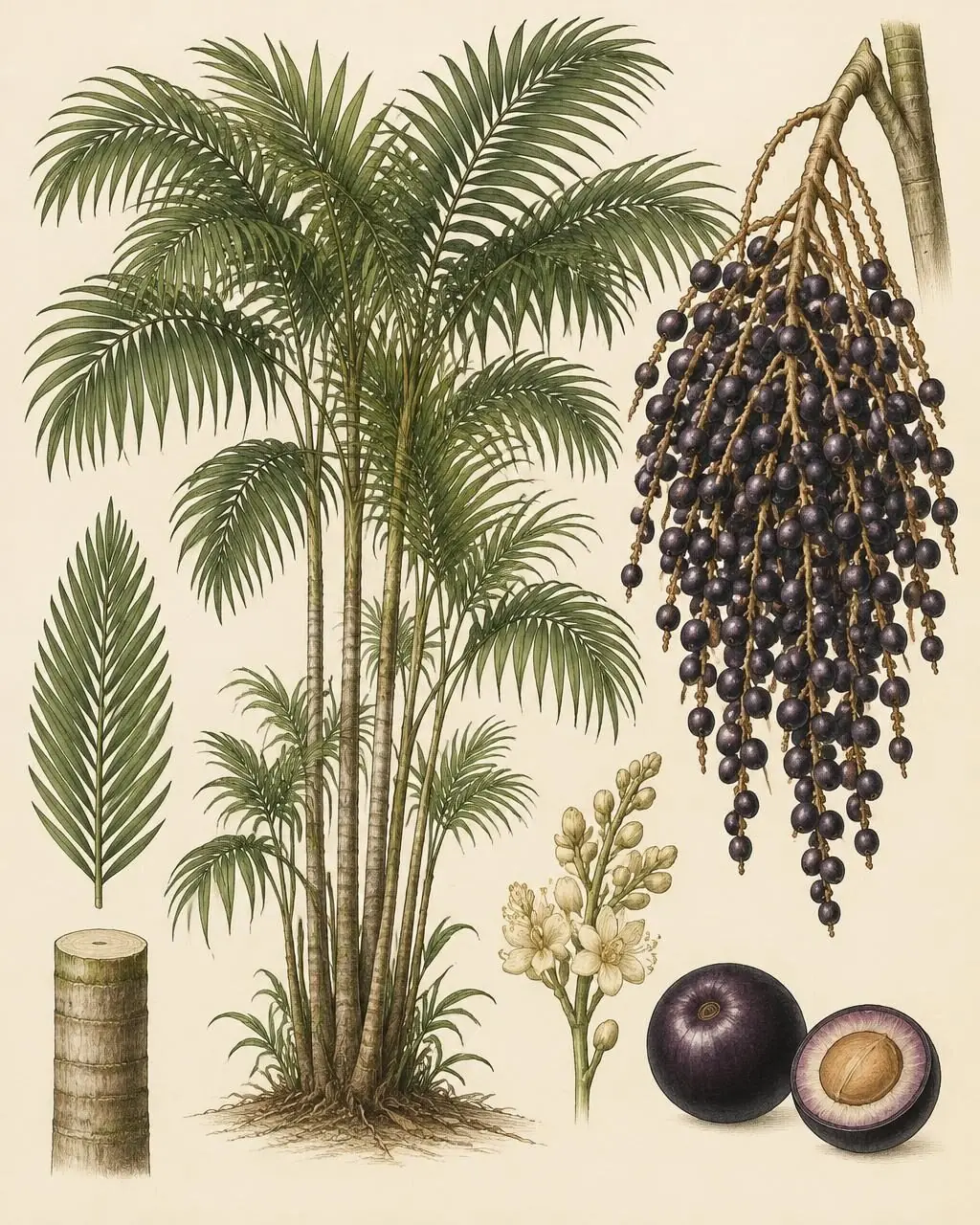 Botanical illustration of the açaí palm, its flowers, fruit bunch and a cut berry