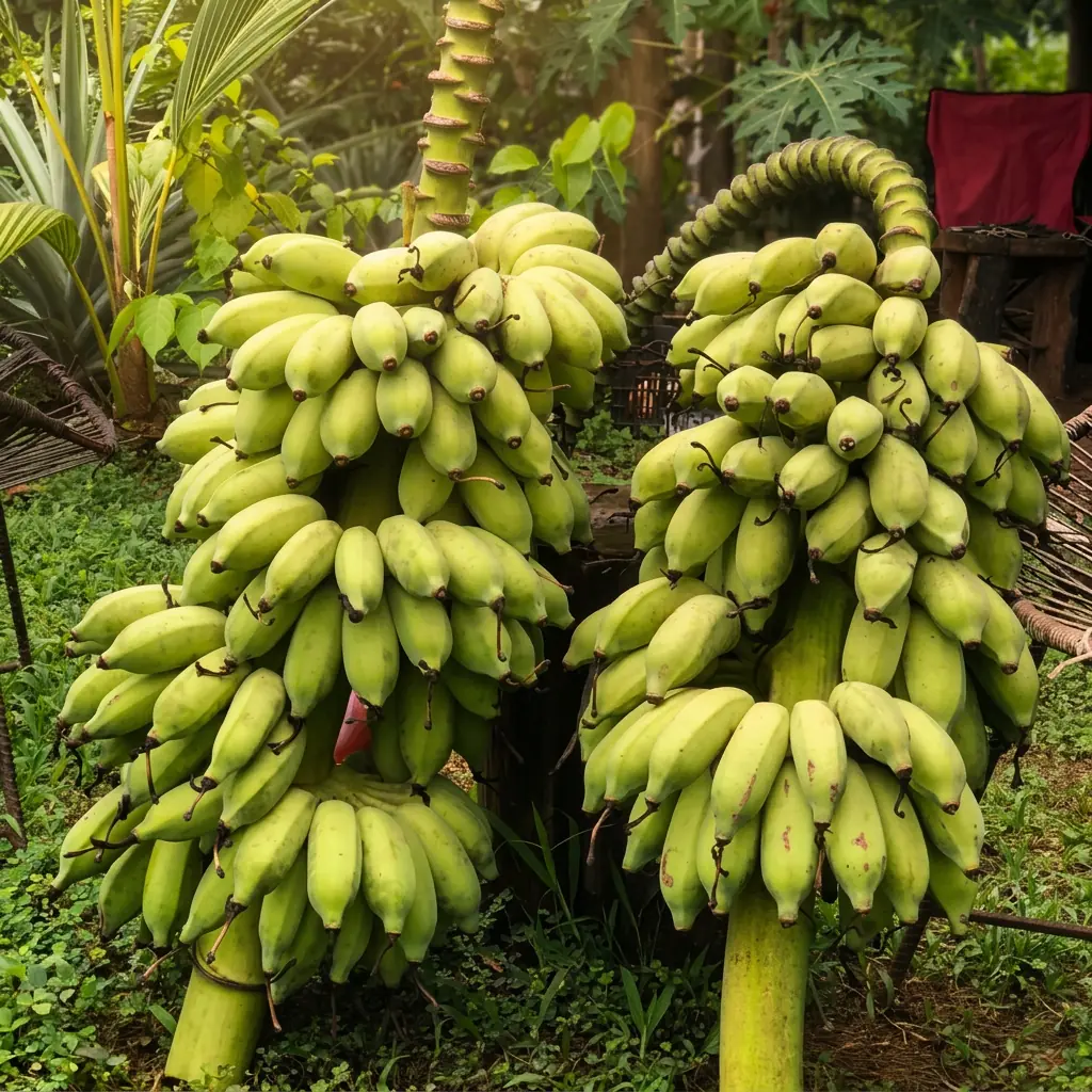 Two large bunches of ice cream bananas harvested at the finca