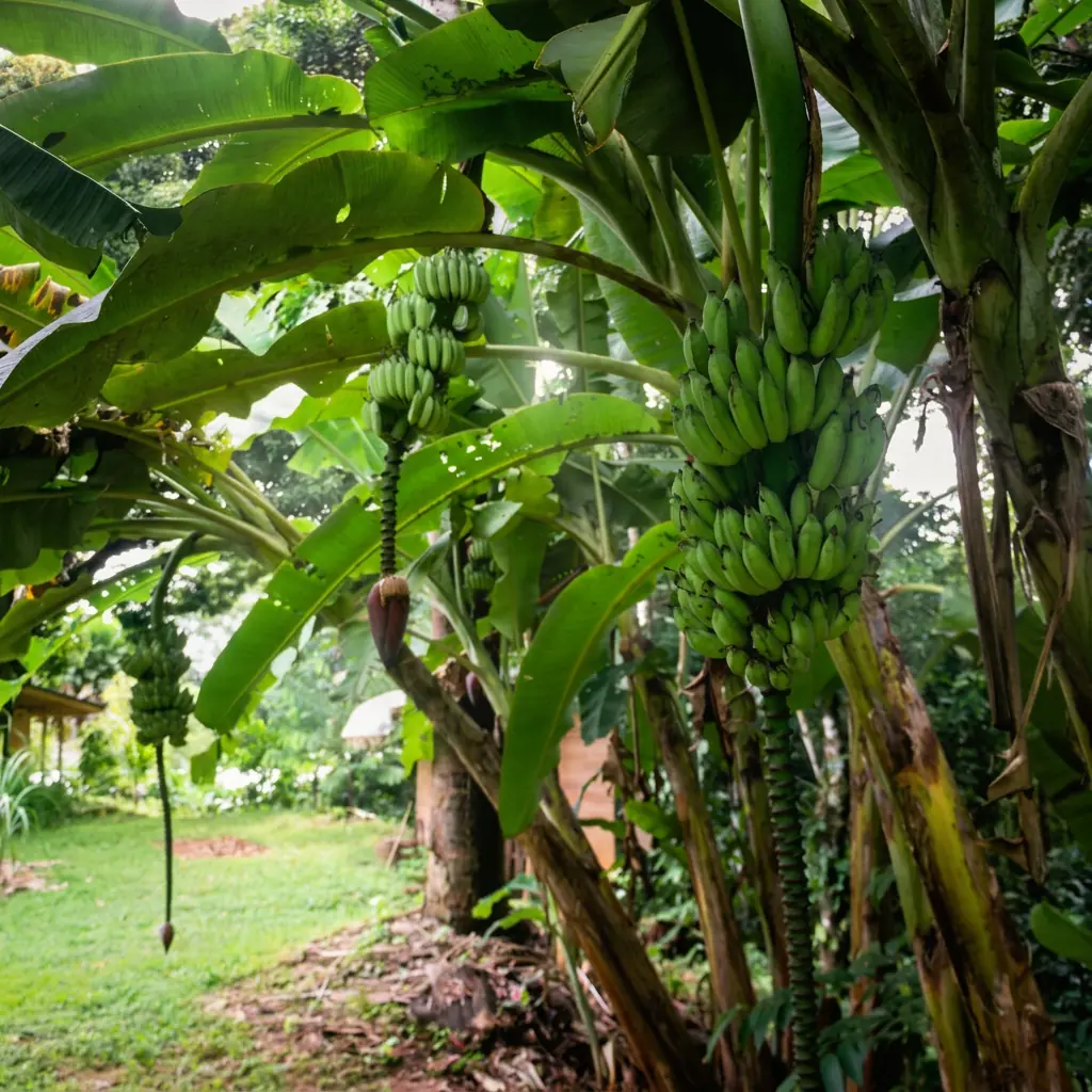 Banana grove with hanging bunches at Finca Vida Pura