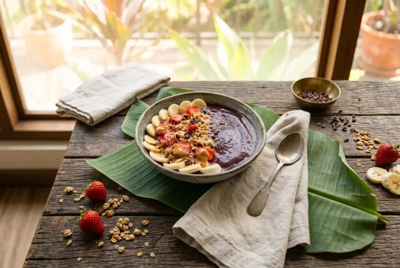 Açaí bowl topped with banana, strawberries and peanut butter