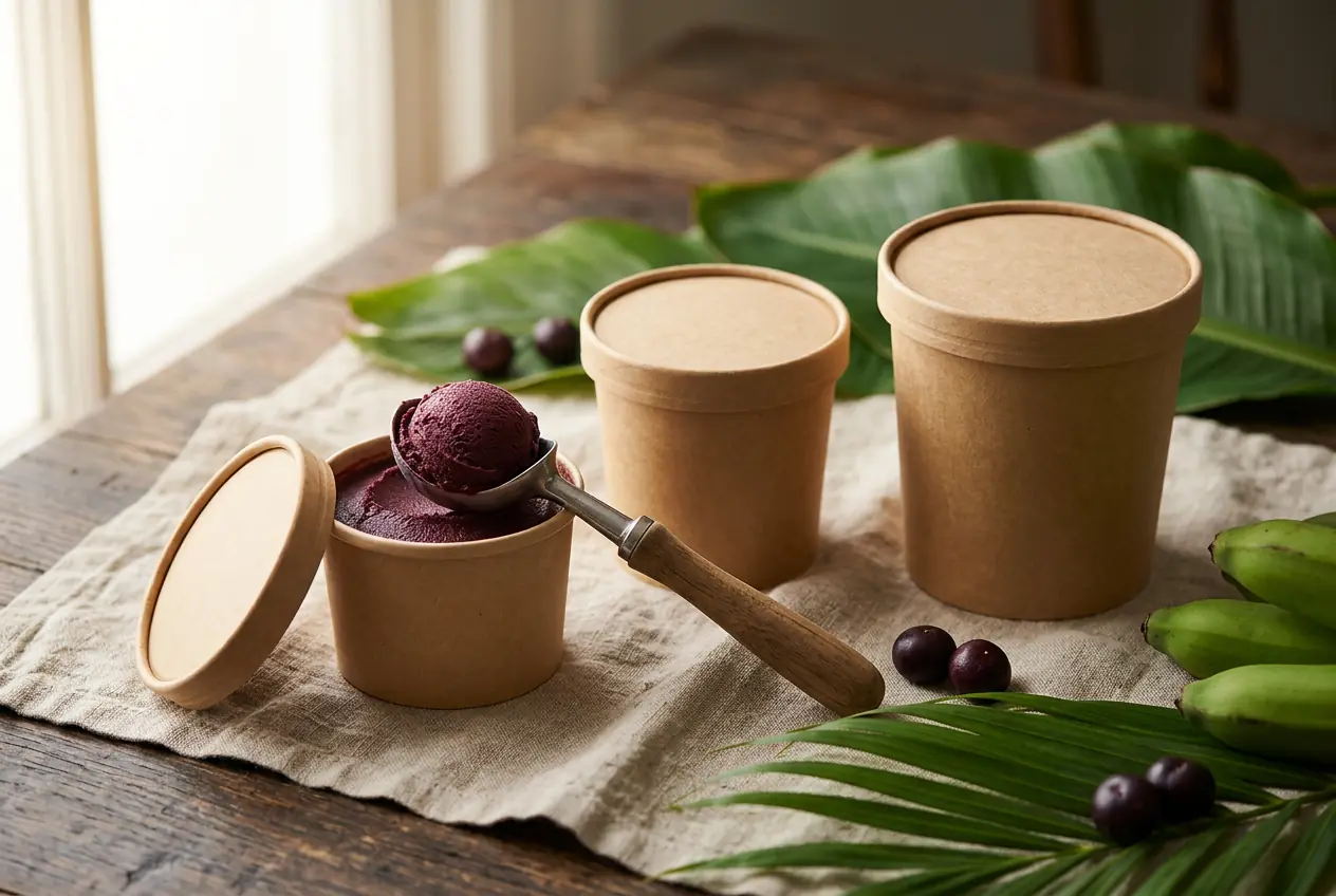 Three kraft tubs of açaí sorbet, one open with a scoop